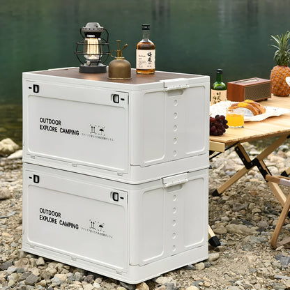 Large green and white foldable plastic storage box with wooden lid option.