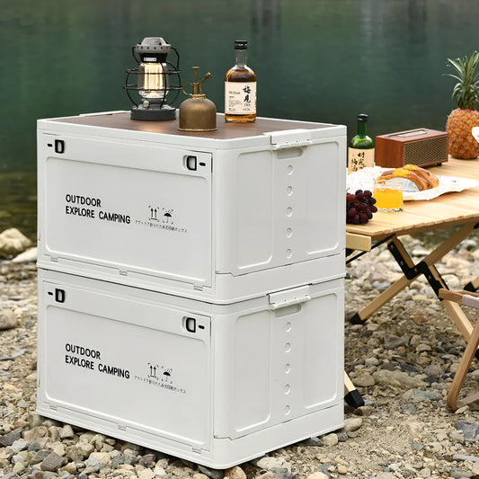 Large green and white foldable plastic storage box with wooden lid option.