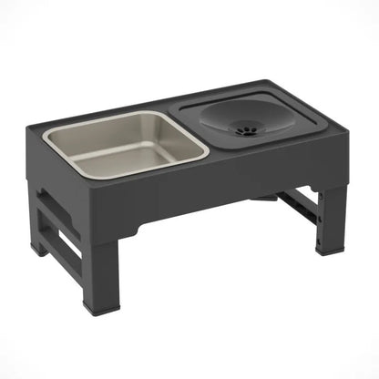 Adjustable height dog feeding stand with two stainless steel bowls in black or grey colours.