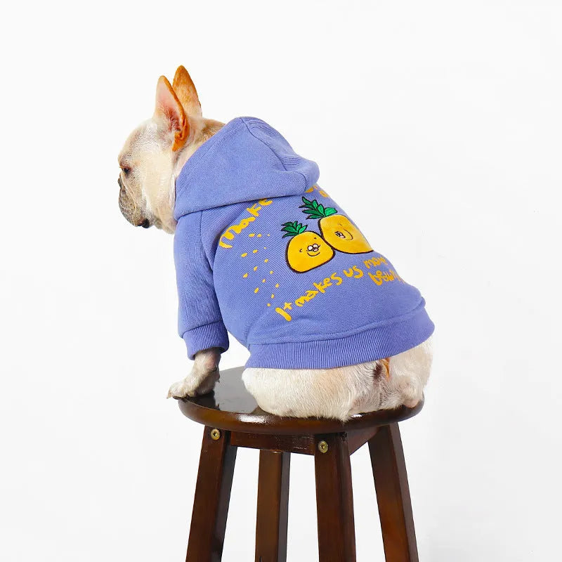 Blue and purple cartoon printed cotton hoodie for pets on a dog or cat, showing the plush design and hood.