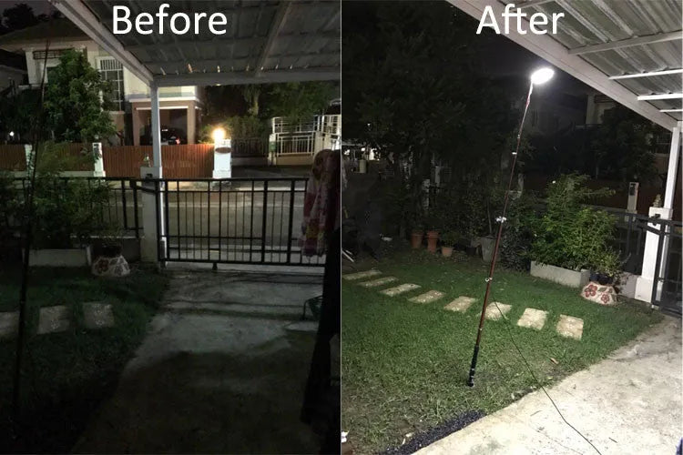 CL-LB-M7 white LED light unit mounted on a tall black telescopic pole, illuminating a dark ground area.