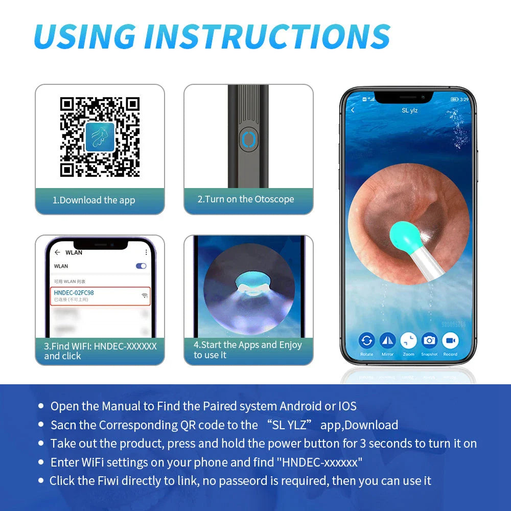 Wireless otoscope with 360-degree HD camera and LED light for safe and effective earwax removal