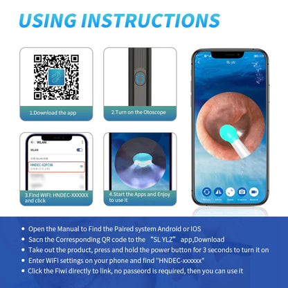 Wireless otoscope with 360-degree HD camera and LED light for safe and effective earwax removal