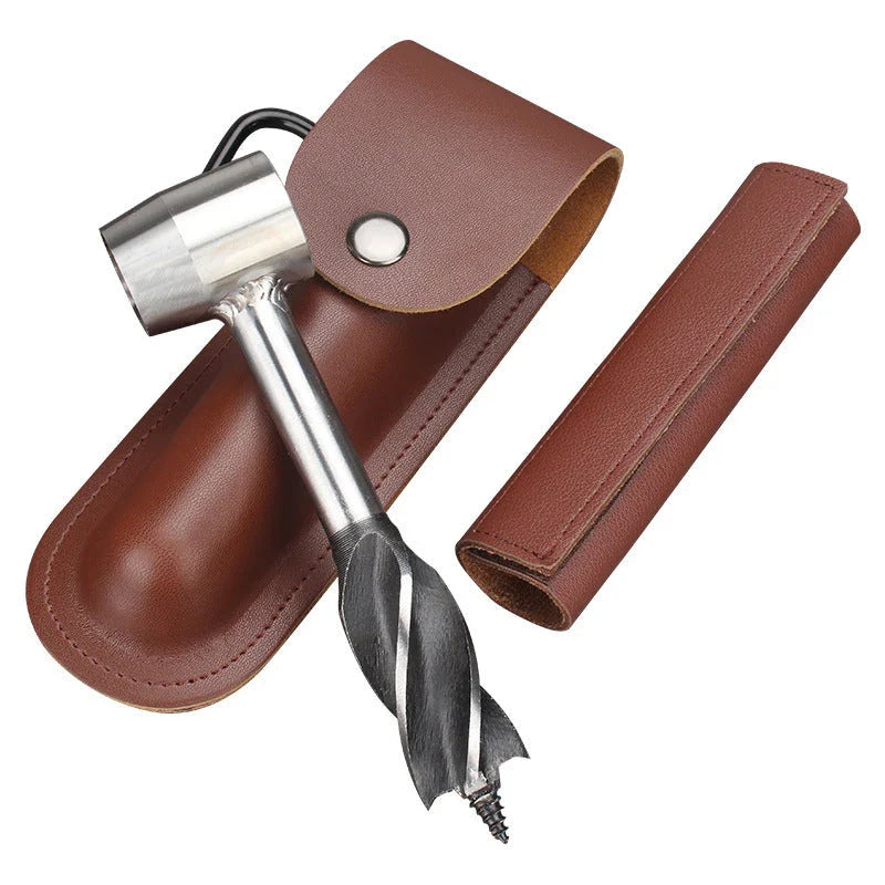 Versatile Outdoor Survival Auger Drill with Leather Case and Alloy Construction for Camping, Bushcraft, and Outdoor Projects