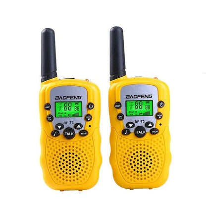 Two children's handheld walkie talkies in bright colours showing channel selector and antenna.