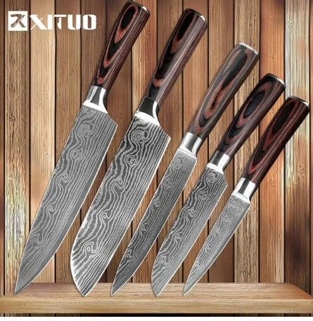 Premium 8-Piece Stainless Steel Chef Knife Set with Elegant Damascus Pattern Blades and Ergonomic Handles