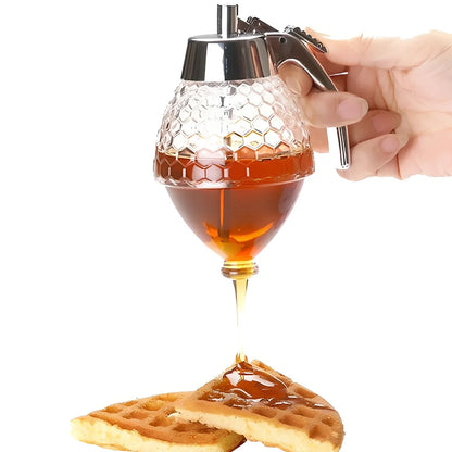Transparent kitchen honey dispenser showing 200ml capacity with measurements 8.3x10x15cm