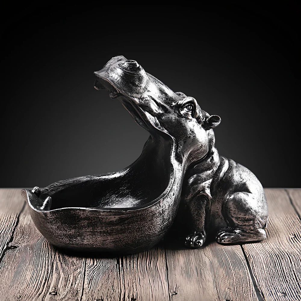 Handmade blue resin hippo storage figurine with removable top showing interior compartment