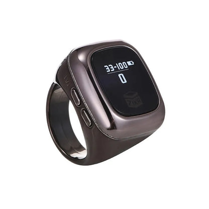 Al-Fatiha black electronic zikr counter on wrist showing digital display, with rose gold and silver colour options visible.