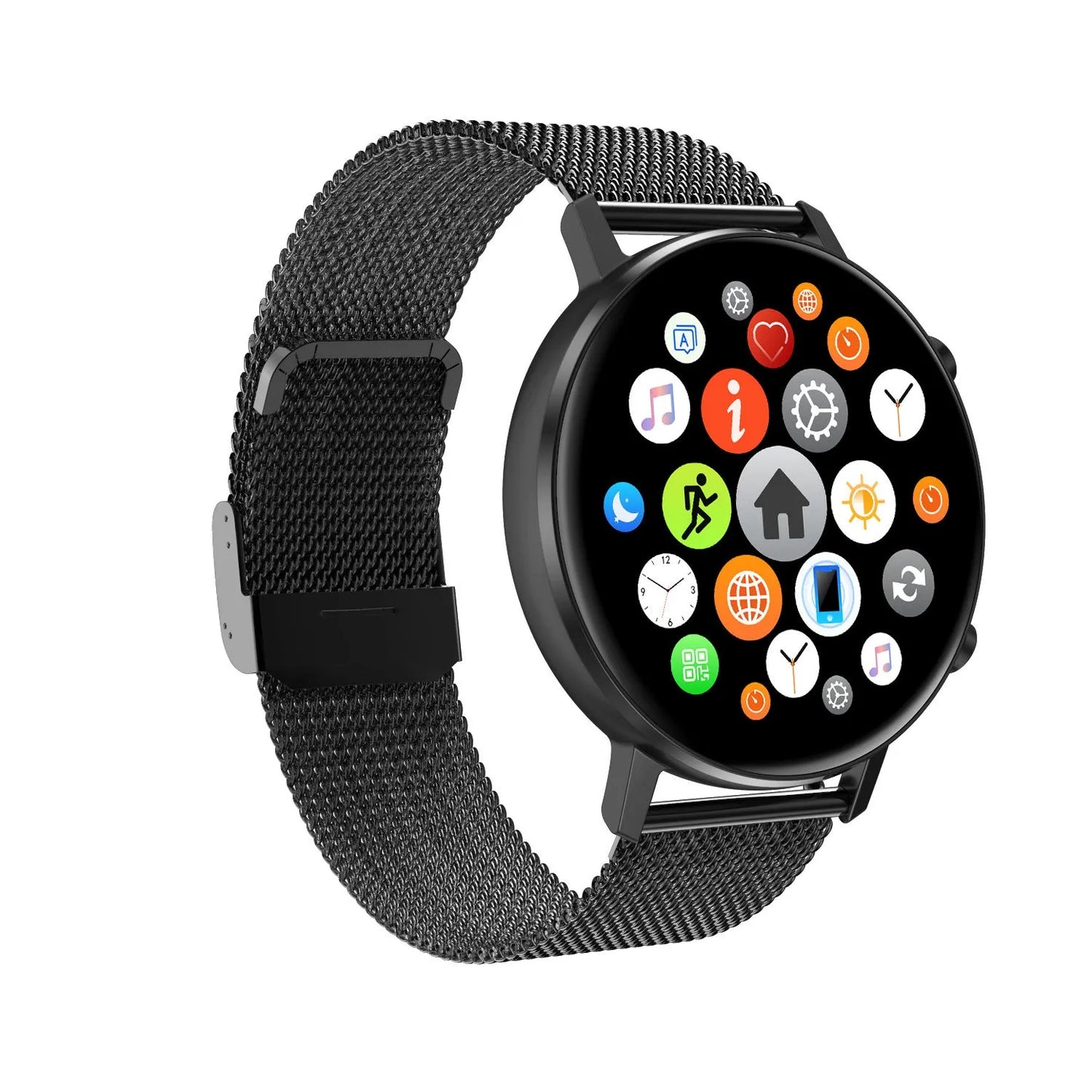 DT96 fitness tracker with steel strap on wrist, showing 1.3-inch screen displaying step count.