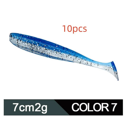 7cm soft worm fishing lure with two-tone T-tail in various colours for Mandarin fish and Topmouth Culter