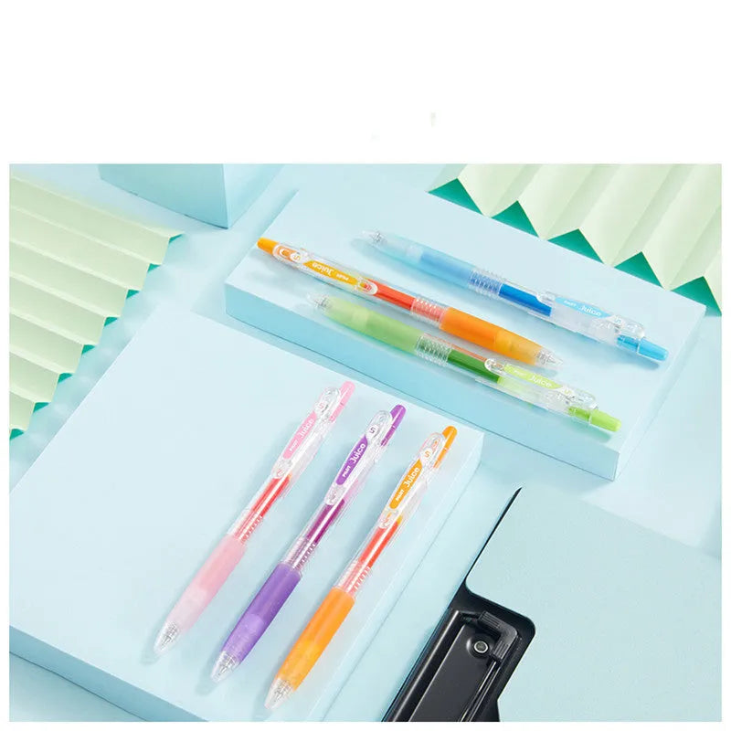 Baiguole 0.5mm gel pen showing examples from its metallic, fluorescent, and tender colour collections.