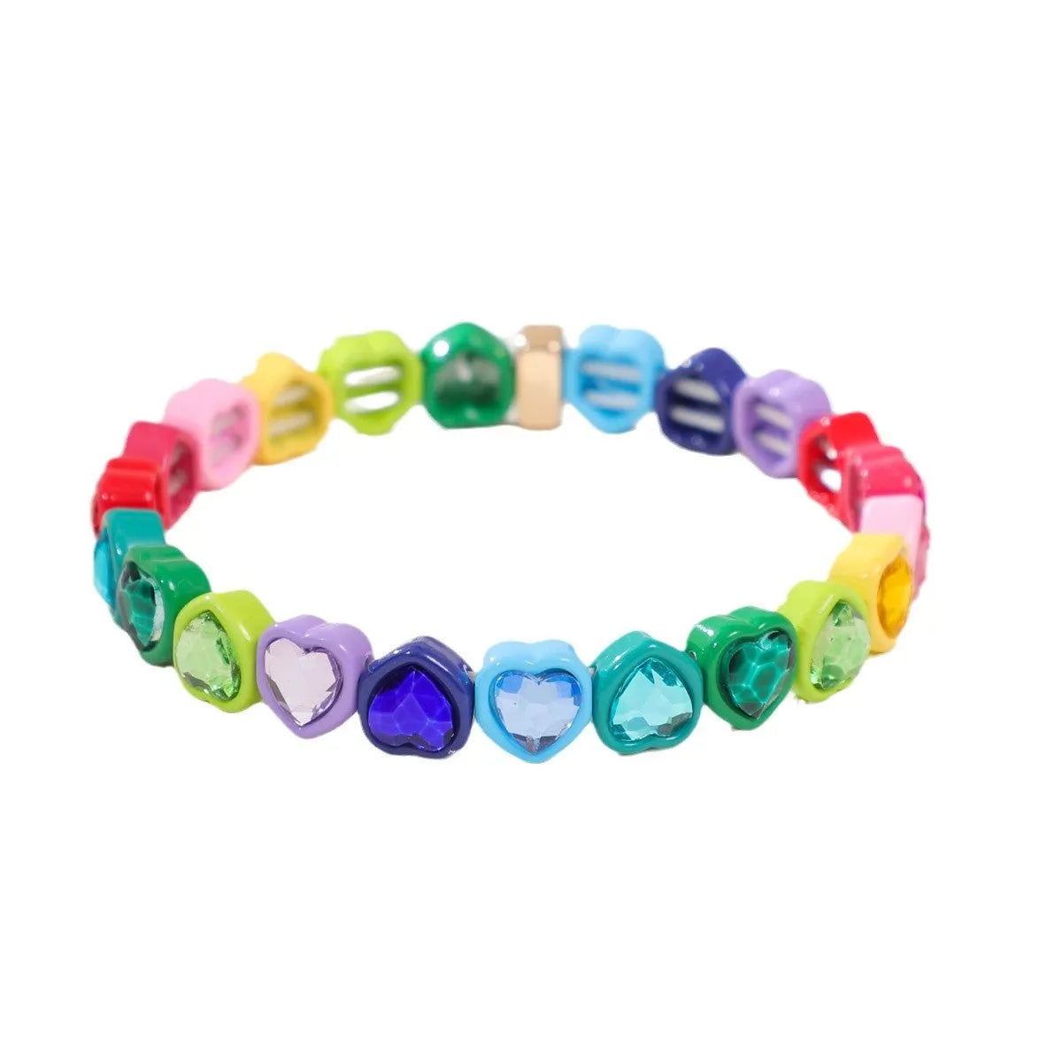 Rainbow enamel heart-shaped stretch bracelet in alloy with diamond process surface