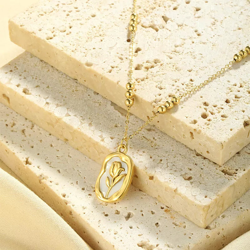 Rose white shell pendant necklace with 18K stainless steel chain