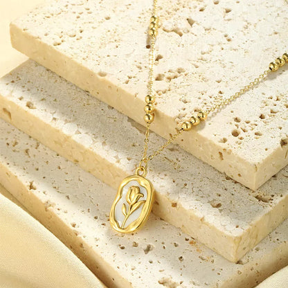 Rose white shell pendant necklace with 18K stainless steel chain