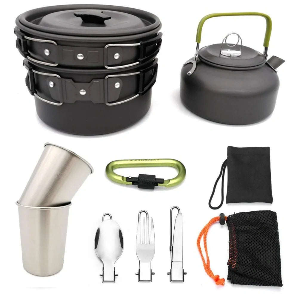 Outdoor camping cookware set with saucepan, frying pan, teapot, and stainless steel cups in mesh storage bag