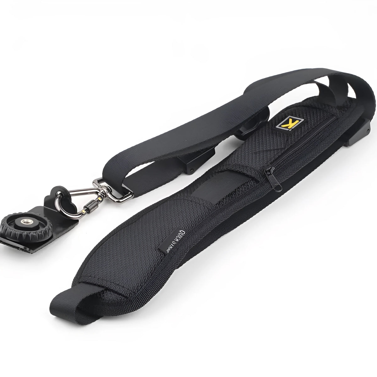 Black nylon DSLR camera shoulder sling strap with quick adjustment buckle and wide shoulder pad