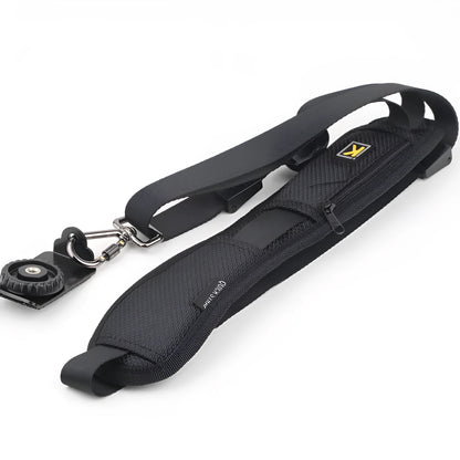 Black nylon DSLR camera shoulder sling strap with quick adjustment buckle and wide shoulder pad