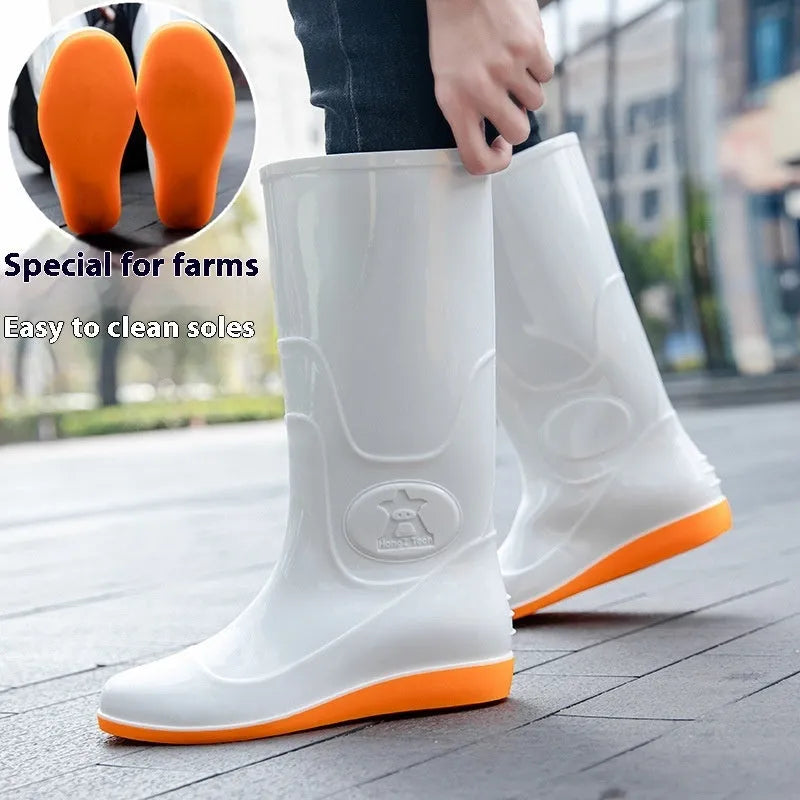 Men's white and yellow flat plastic rain boots with high tube design on a neutral background.