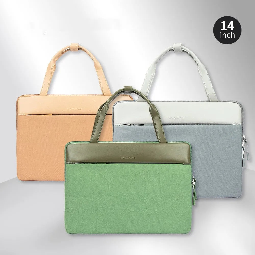 14.2 inch polyester laptop sleeve with soft handle, zipper pocket, in light grey, green, or orange