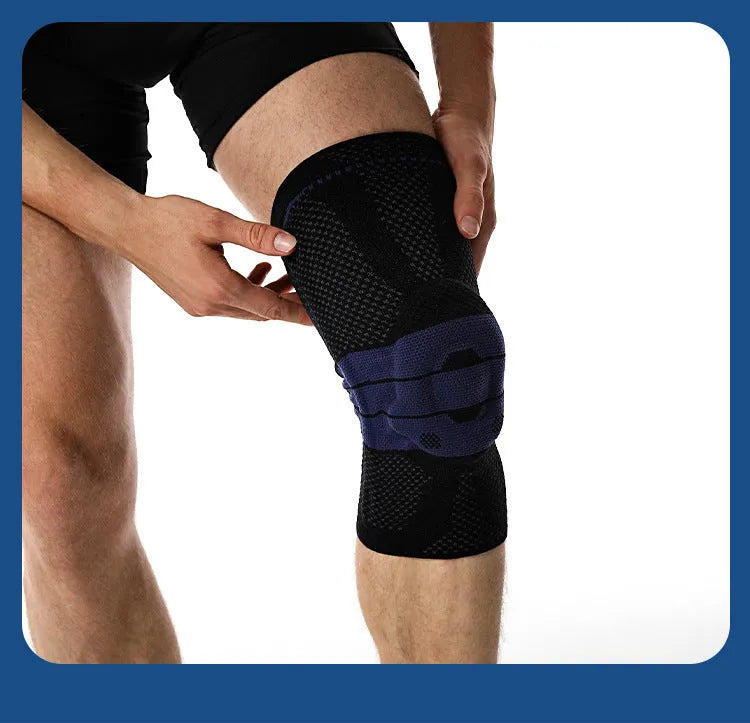 Black and blue adult sports knee pads made from nylon and spandex for running and basketball.