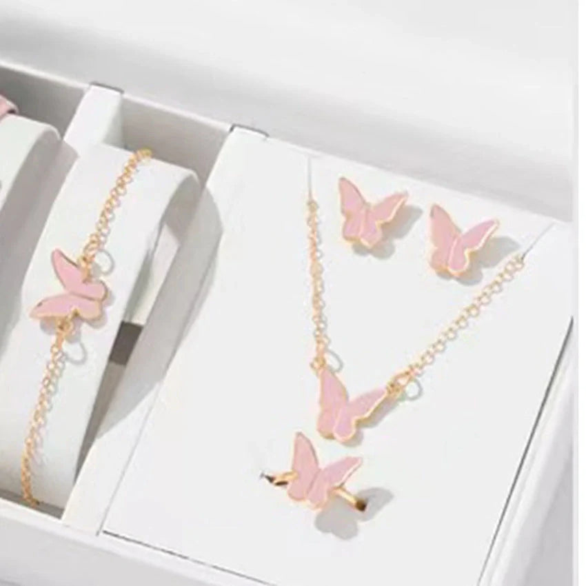 5-piece butterfly jewelry set for women, including necklace, earrings, ring, and bracelet