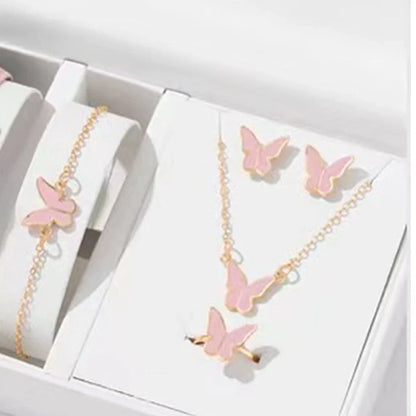 5-piece butterfly jewelry set for women, including necklace, earrings, ring, and bracelet