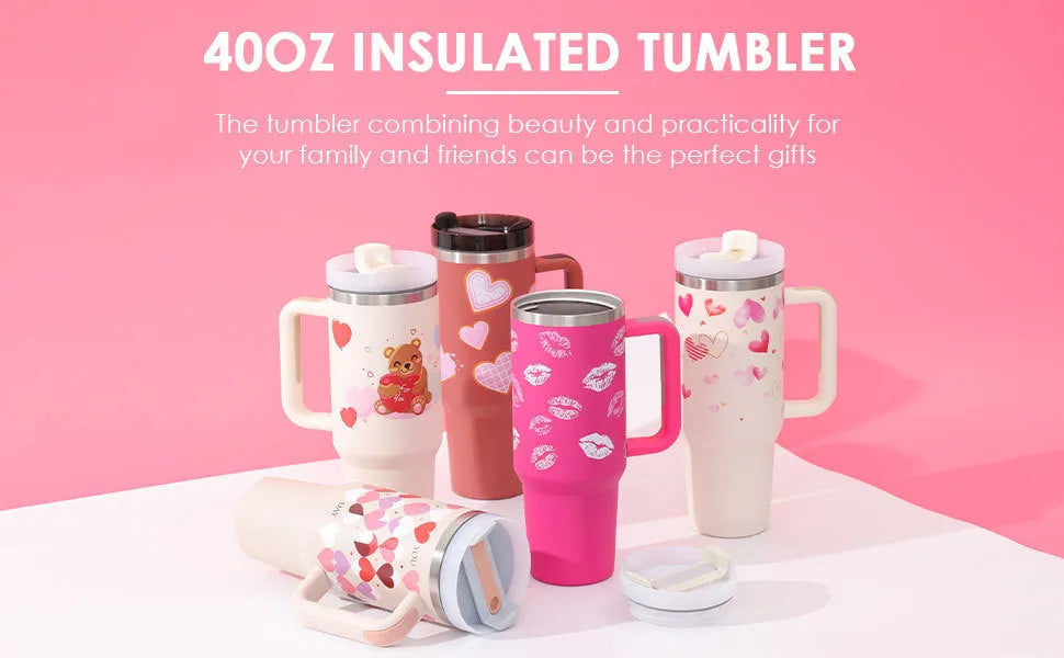 40 oz stainless steel insulated tumbler with handle and straw in tapered mug design