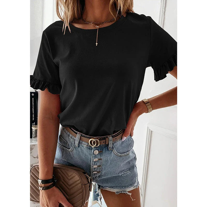 Elegant ruffled round neck blouse in various colors and sizes