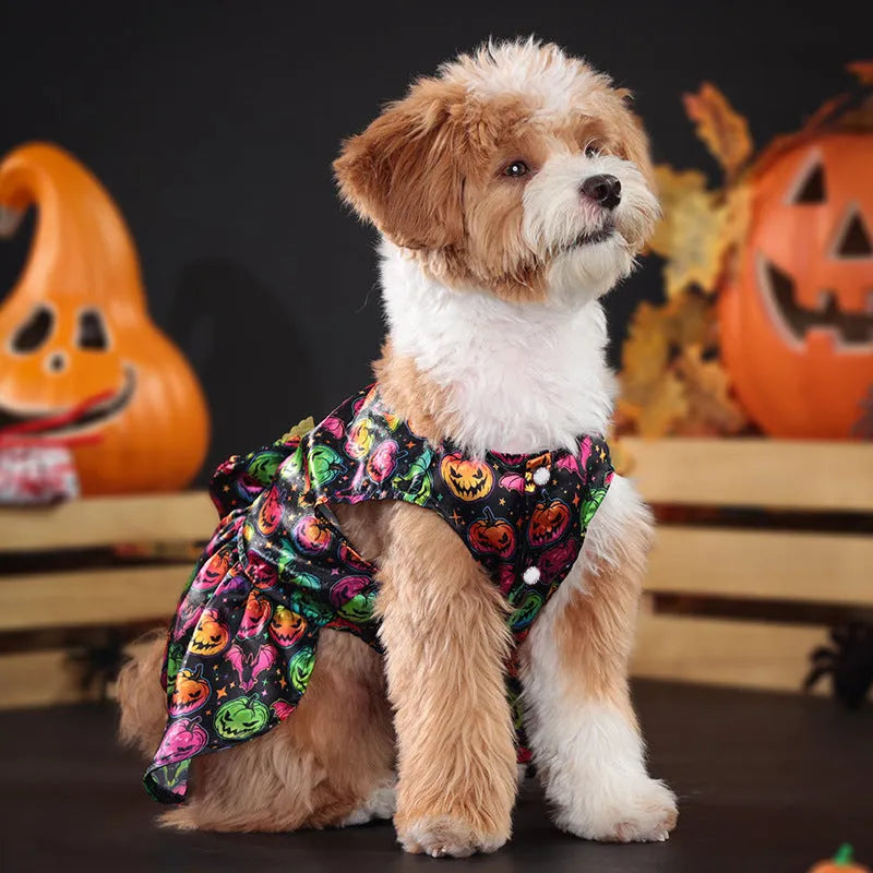 Angel wings Halloween dog costume in bright pumpkin or bat design, lightweight polyester fabric, sizes S to XL
