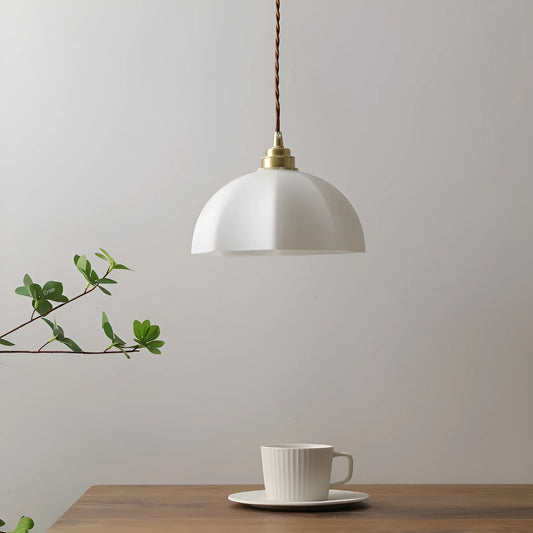 Brass Chinese style indoor droplight with copper glass shade hanging from ceiling