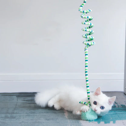 Blue interactive cat hanging toy with 8cm plush ball on 70cm stretchable wand attached via suction cup