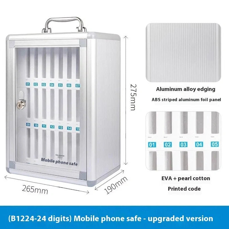 Silver aluminium alloy mobile phone storage cabinet with multiple compartments for device organisation