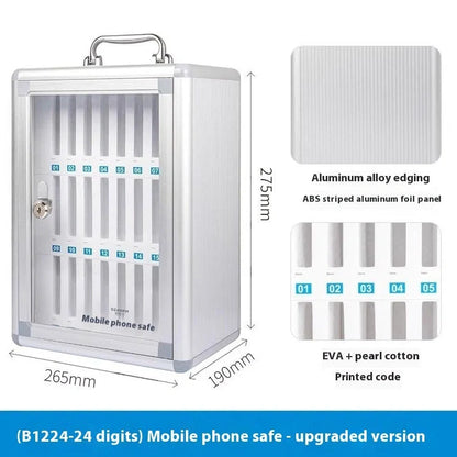 Silver aluminium alloy mobile phone storage cabinet with multiple compartments for device organisation