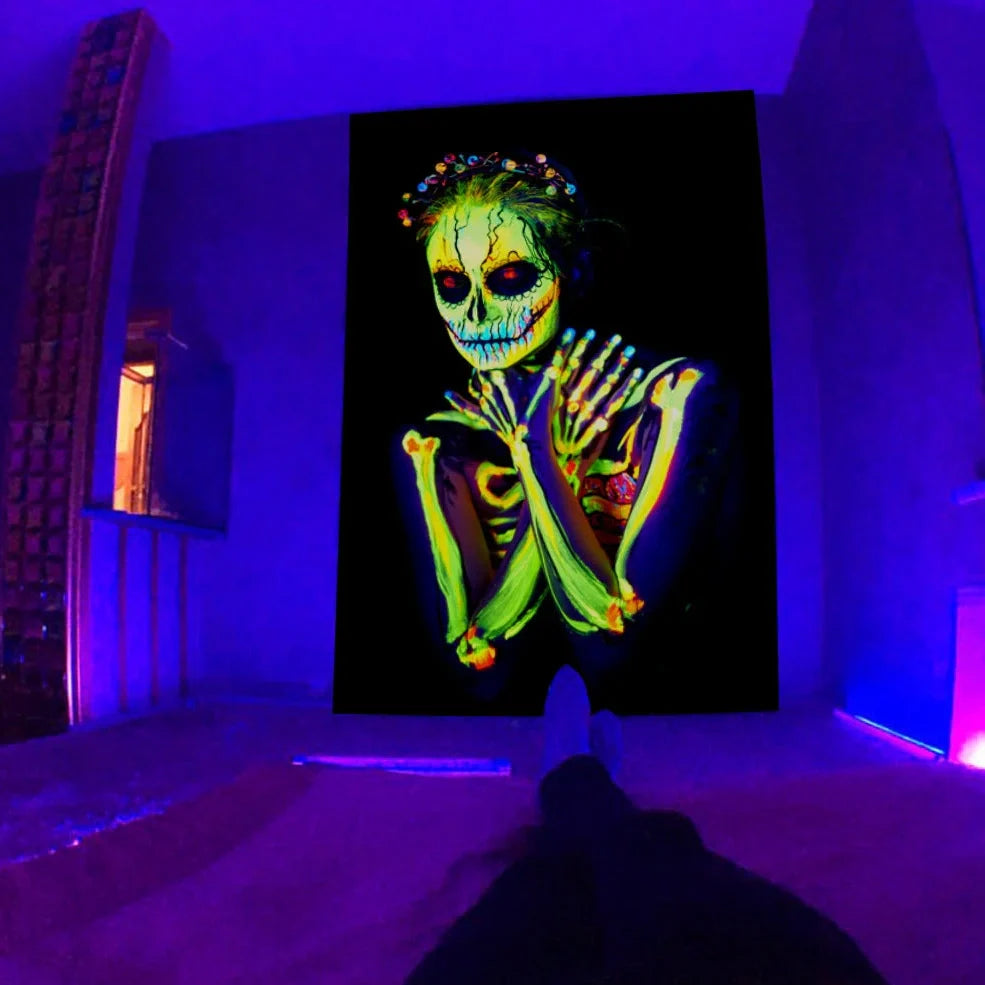 Fluorescent tapestry with psychedelic mushroom pattern glowing under UV light, measuring 150x130cm