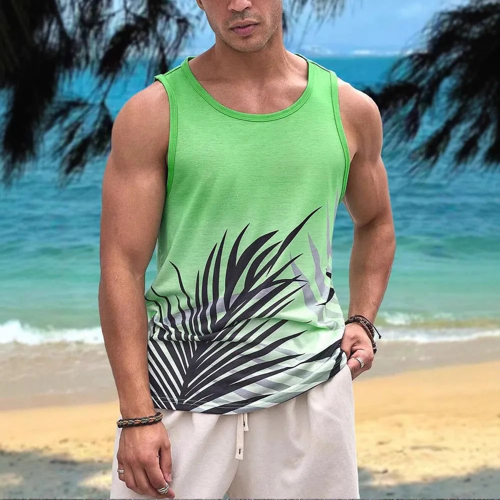 Men's solid colour Hawaiian-style sleeveless vest with 3D printed design in polyester fabric