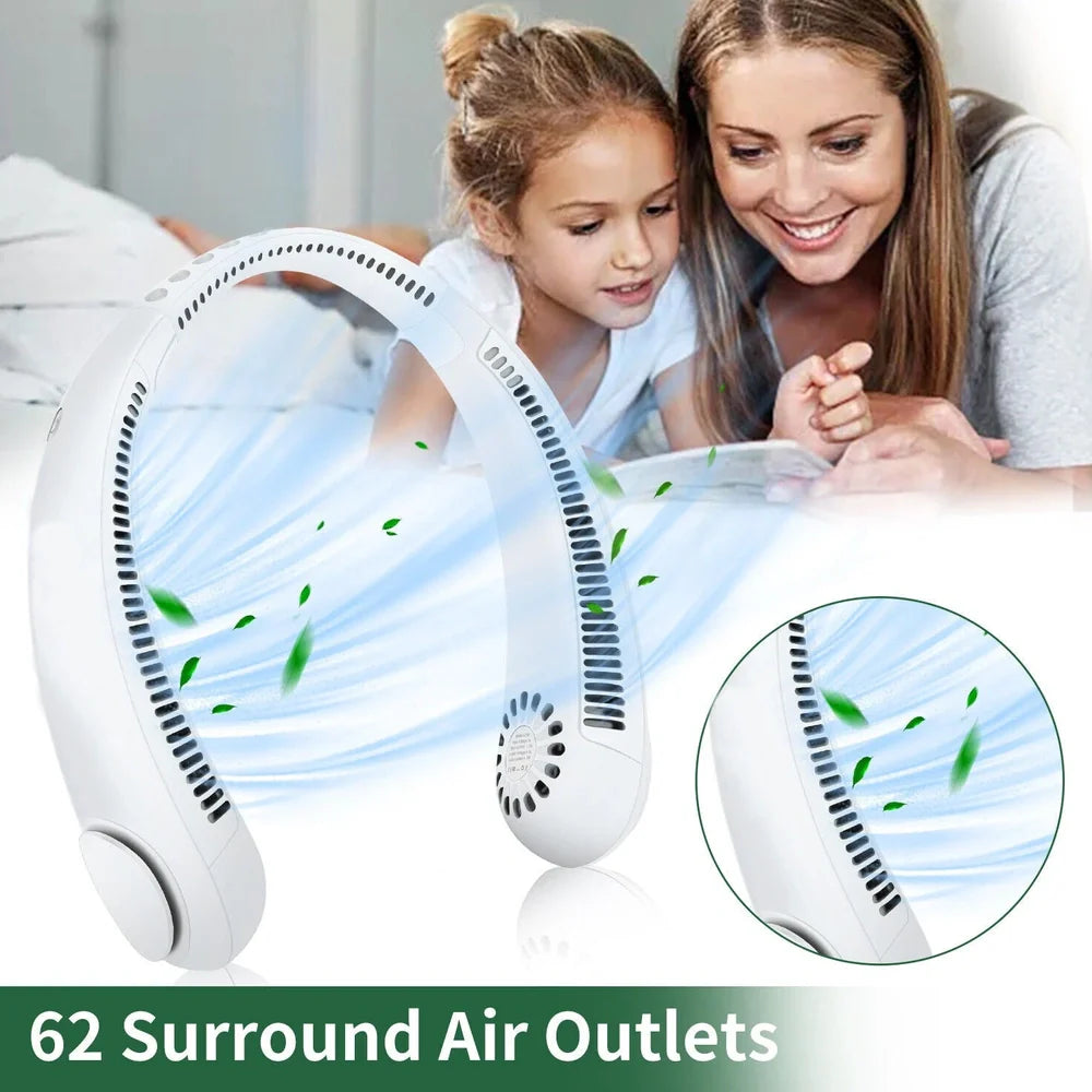White hanging neck fan with flexible dual wind heads showing 78 air outlets and USB Type-C charging port