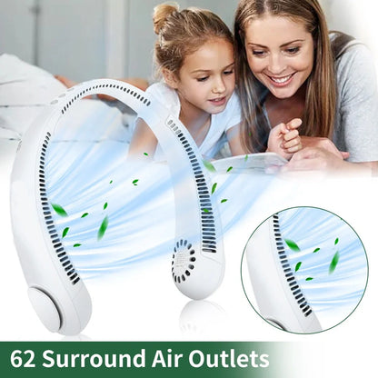 White hanging neck fan with flexible dual wind heads showing 78 air outlets and USB Type-C charging port