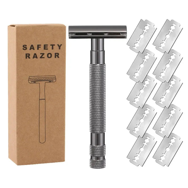 Traditional alloy double-edged safety razor with replaceable blades in choice of colours including black, silver, and rose gold.