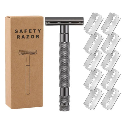 Traditional alloy double-edged safety razor with replaceable blades in choice of colours including black, silver, and rose gold.