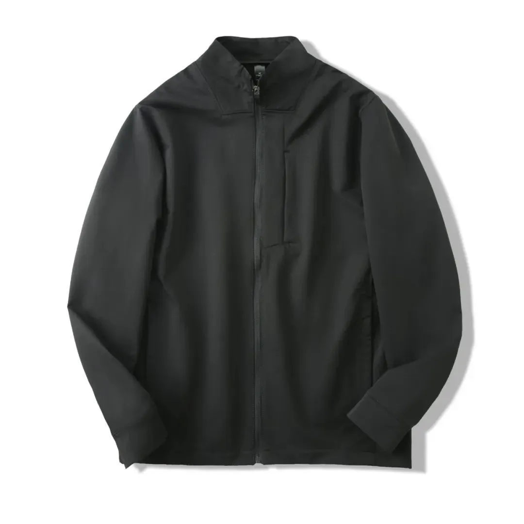 Men's stand collar casual jacket in polyester, shown in a neutral colour with straight hem and long sleeves.