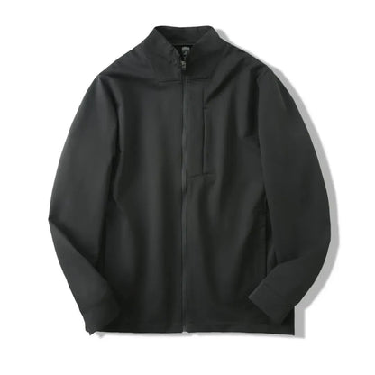 Men's stand collar casual jacket in polyester, shown in a neutral colour with straight hem and long sleeves.