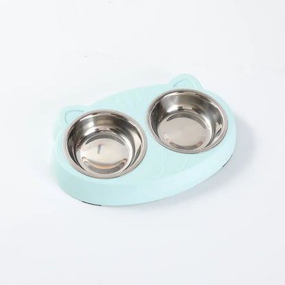 Blue plastic pet feeder tray with two adjacent bowls for cat or dog food and water