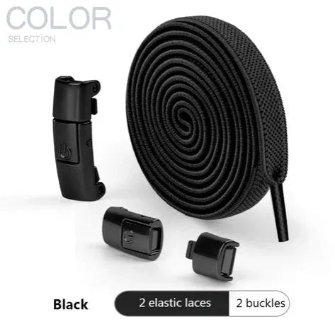 A pair of black widened flat elastic shoelaces with a silver press lock buckle on a white background.
