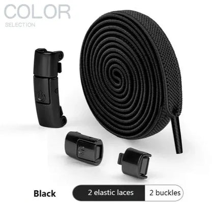 A pair of black widened flat elastic shoelaces with a silver press lock buckle on a white background.
