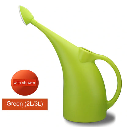 Green watering can with long spout showing measurements and shower head attachment for garden plants