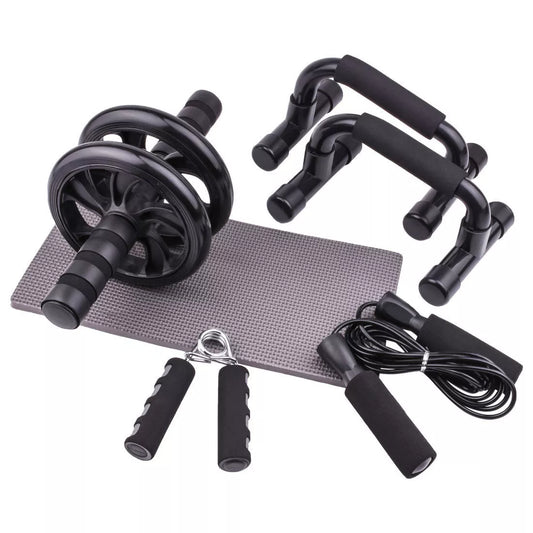 Abdominal wheel set for home fitness, includes wheel, kneeling mat, and skipping rope