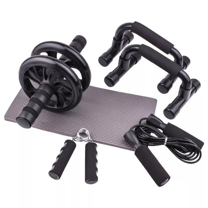 Abdominal wheel set for home fitness, includes wheel, kneeling mat, and skipping rope