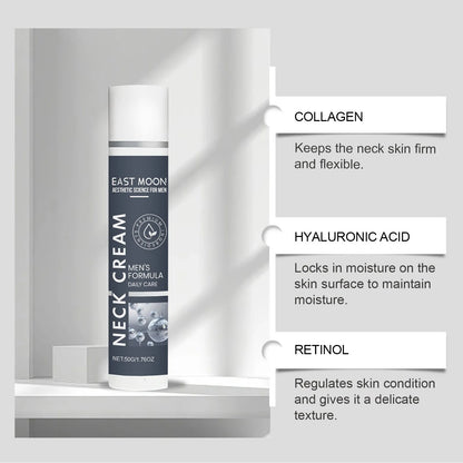 50g container of men's neck cream gel with anti-ageing ingredients collagen and retinol.