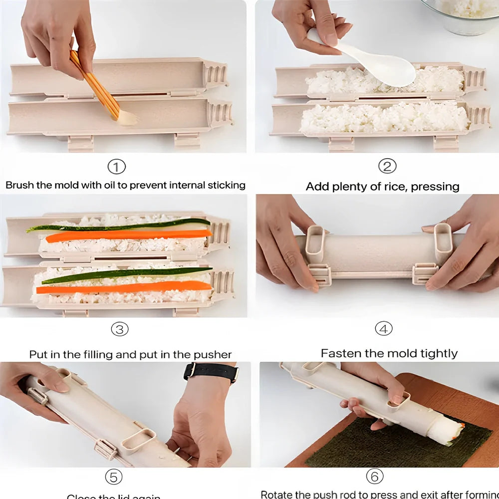 Manual sushi maker tool creating 2.5cm diameter rolls with food-grade plastic construction